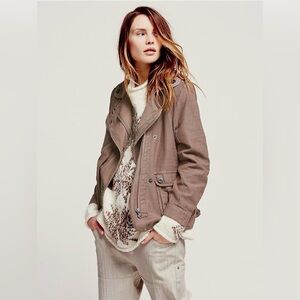 Free People Twill 2 Pocket Slouchy Jacket Assymetrical Button Closure